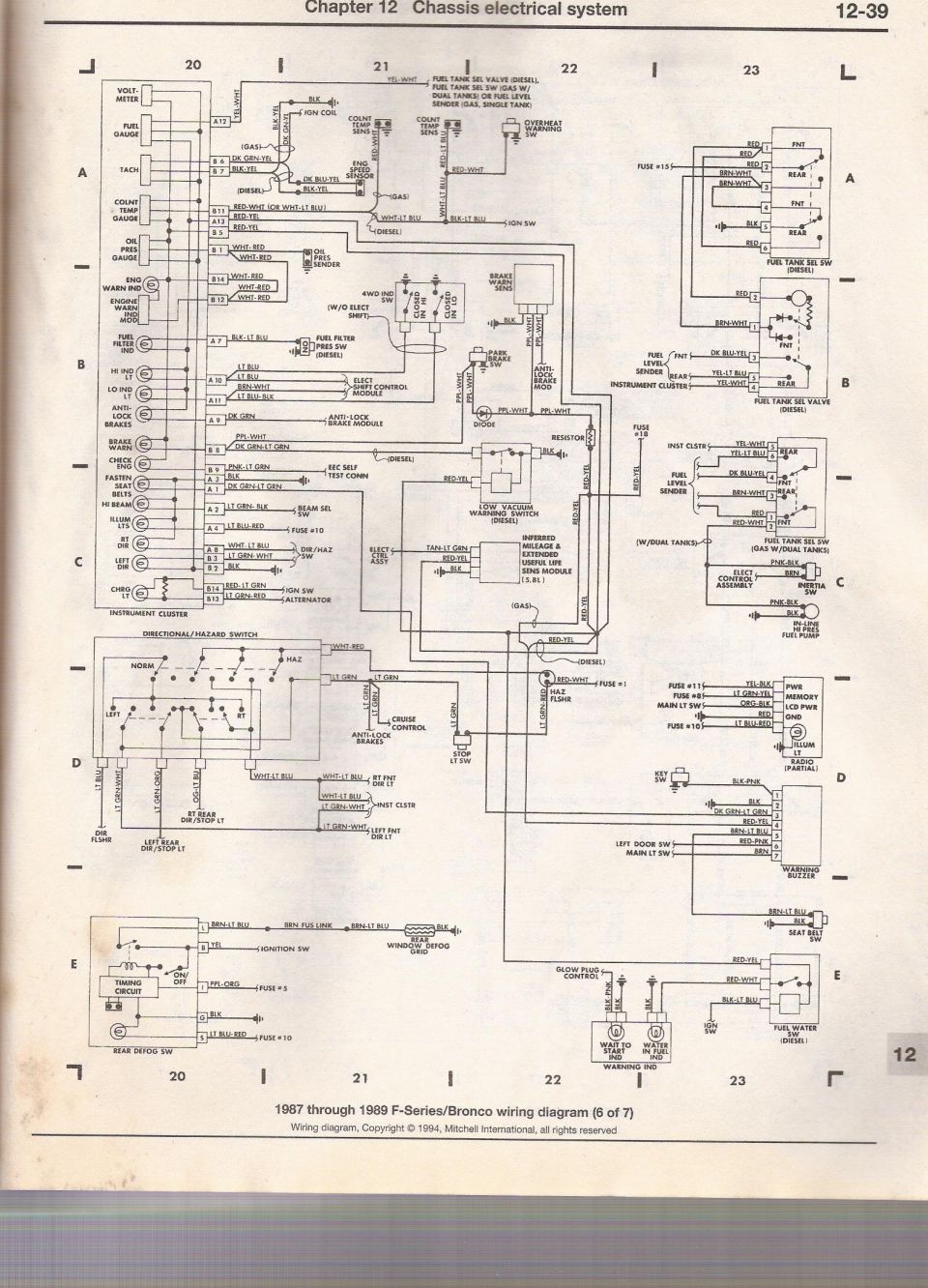 1987-1989 Ford F-Series/Bronco wiring diagram sheet 6 of 7, door switches, alternator, instrument and warning