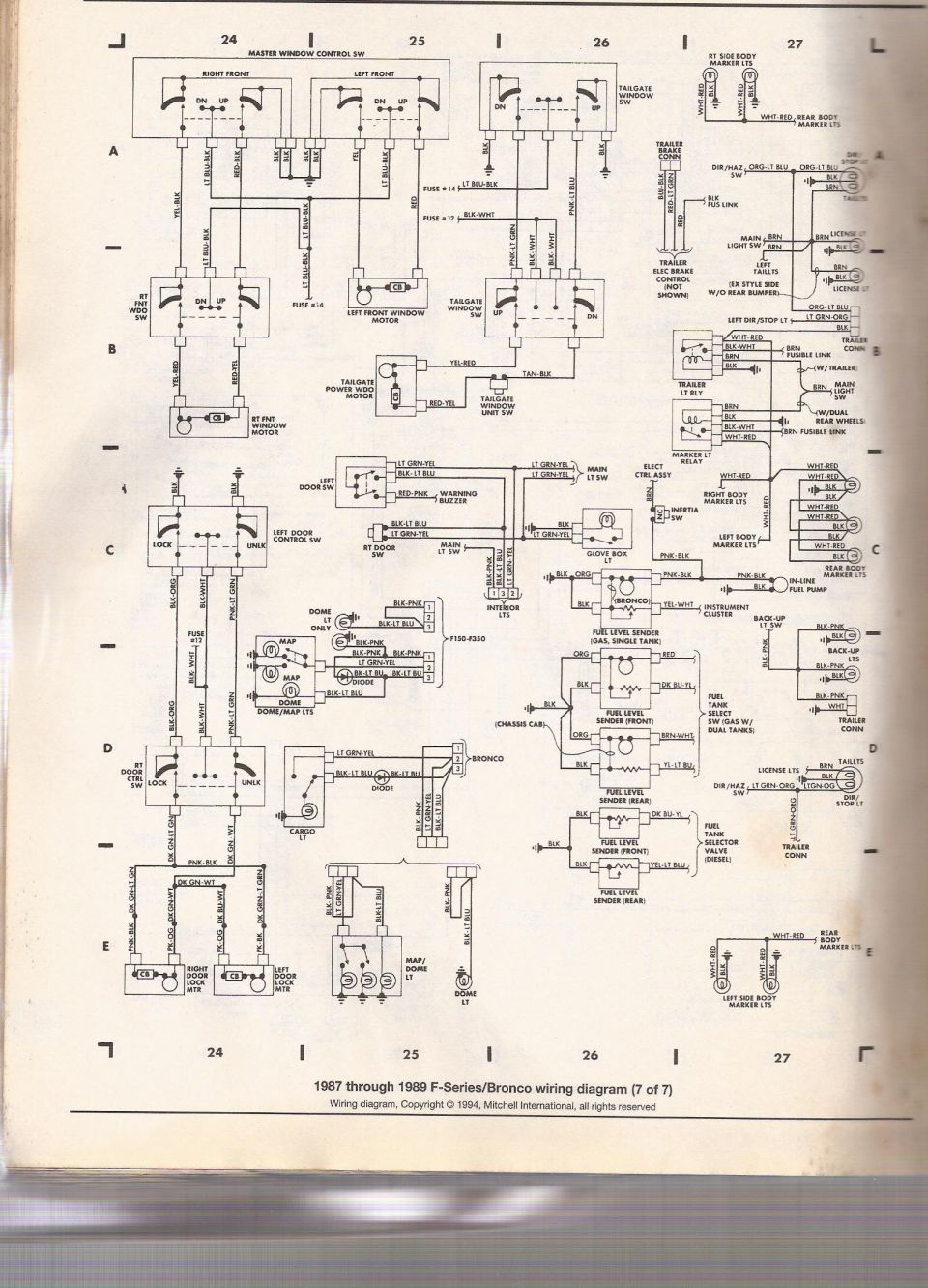 1987-1989 Ford F-Series/Bronco wiring diagram sheet 7 of 7, power windows, rear lamps and fuel senders