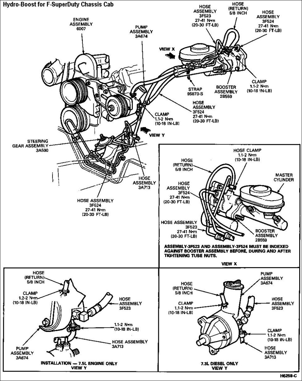 Hydro-Boost for SuperDuty Chassis Cab 92 
IF THE IMAGE IS TOO SMALL, click it.

Removal 
1. With the engine off, depress the brake pedal several times to discharge the accumulator. 
2. Remove the master cylinder from the Hydro-Boost unit. Prop the master cylinder up and out of the way. 
CAUTION: Do not apply the booster with the master cylinder removed. 
3. Disconnect all three hydraulic lines from the booster. 
4. Disconnect the input push rod from the brake pedal bellcrank assembly. 
5. Remove the booster mounting nuts, and remove the booster from the vehicle. 

WARNING: THE BOOSTER SHOULD NOT BE CARRIED BY THE ACCUMULATOR, NOR SHOULD IT EVER BE DROPPED ON THE ACCUMULATOR. THE SNAP RING ON THE ACCUMULATOR SHOULD BE CHECKED FOR PROPER SEATING BEFORE THE BOOSTER IS USED. THE ACCUMULATOR CONTAINS HIGH PRESSURE NITROGEN GAS AND CAN BE DANGEROUS IF MISHANDLED. 

WARNING: IF THE ACCUMULATOR IS TO BE DISPOSED OF, IT MUST NOT BE EXPOSED TO EXCESSIVE HEAT, FIRE OR INCINERATION. BEFORE DISCARDING THE ACCUMULATOR, DRILL A 1.6MM (1/16 INCH) DIAMETER HOLE IN THE END OF THE ACCUMULATOR CAN TO RELIEVE THE GAS PRESSURE. ALWAYS WEAR SAFETY GLASSES WHEN PERFORMING THIS OPERATION. 

Installation 
1. Install the booster in the vehicle and tighten the mounting nuts to 22-30 N-m (16-22 ft-lb). 
2. Connect the input push rod to the brake pedal bellcrank assembly or pedal to push rod linkage. 
3. Position the master cylinder against the booster and tighten the mounting nuts to 22-30 N-m (16-22 ft-lb). 
4. Connect the hoses to the Hydro-Boost unit. Refill the system and bleed as required.

For disassembled photos, see [url=http://www.dieselplace.com/forum/showpost.php?p=4292833&postcount=6]this post[/url].