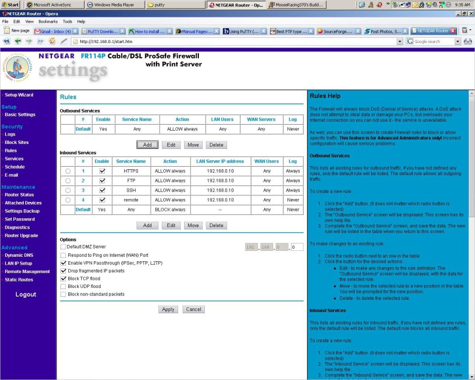 Computer screen showing NETGEAR firewall rules with inbound and outbound services listed