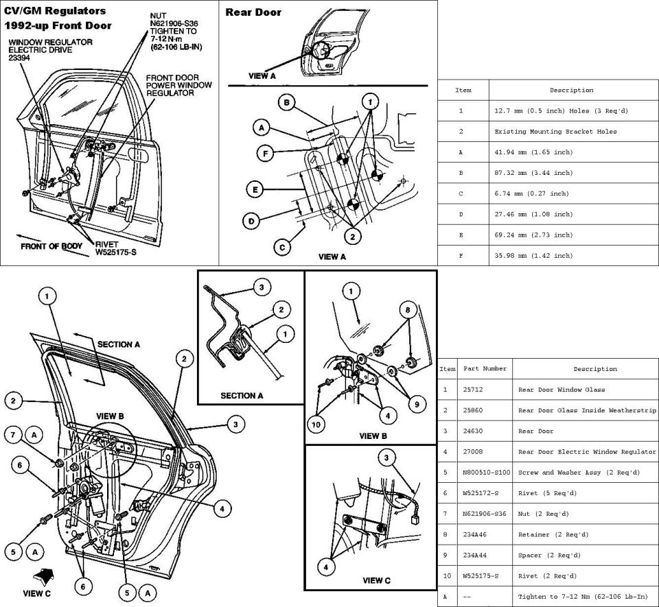 Ford door window regulator diagram with front and rear door parts callouts and torque specs
