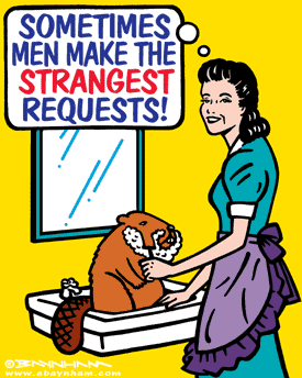2003 Jeep TJ - A humorous illustration depicts a woman bathing a beaver, with a thought bubble containing a quirky statement.