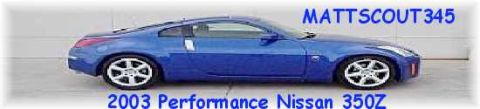 2003 Nissan 350Z - Side profile of a blue 2003 Nissan 350Z coupe with aftermarket wheels.