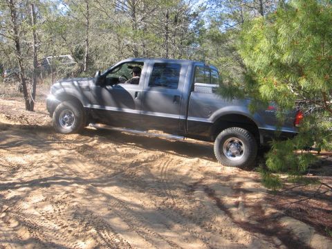 1995 Ford Bronco - Pickup truck navigates a sandy, wooded path with tire tracks visible on the ground.