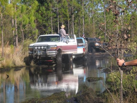 1995 Ford Bronco - Multiple trucks are shown driving through a muddy swamp in a wooded area.