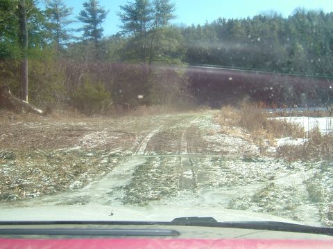 1984 Ford Bronco - Driving on a partially frozen dirt road with snow patches and trees lining the sides.