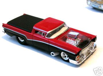 1973 Ford Ranchero - This red and black toy 1957 Ford Ranchero features an exposed engine and a two-tone paint scheme.