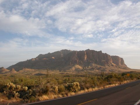 1984 Ford Bronco - A scenic desert view with mountains and various cacti under a cloudy sky.