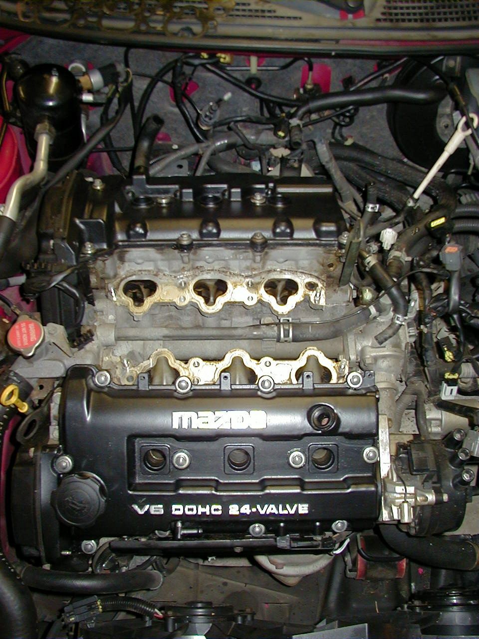 Mazda V6 DOHC 24-valve engine with intake manifold removed