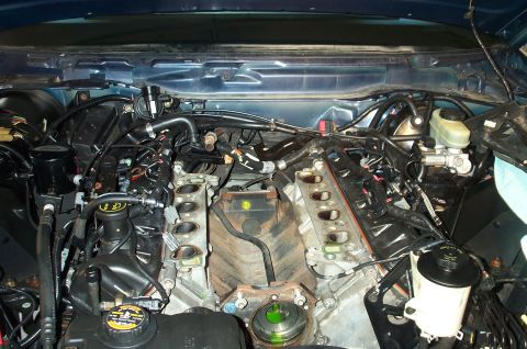 1998 Ford Crown Victoria - The engine bay of a 1998 Ford Crown Victoria is shown with the intake manifolds removed for service.