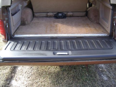 1985 Ford Bronco - The rear cargo area of an SUV, with the tailgate open, reveals a carpeted floor and storage space.