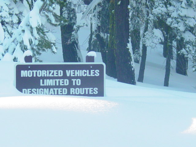 Sign reading MOTORIZED VEHICLES LIMITED TO DESIGNATED ROUTES in a snow-covered forest