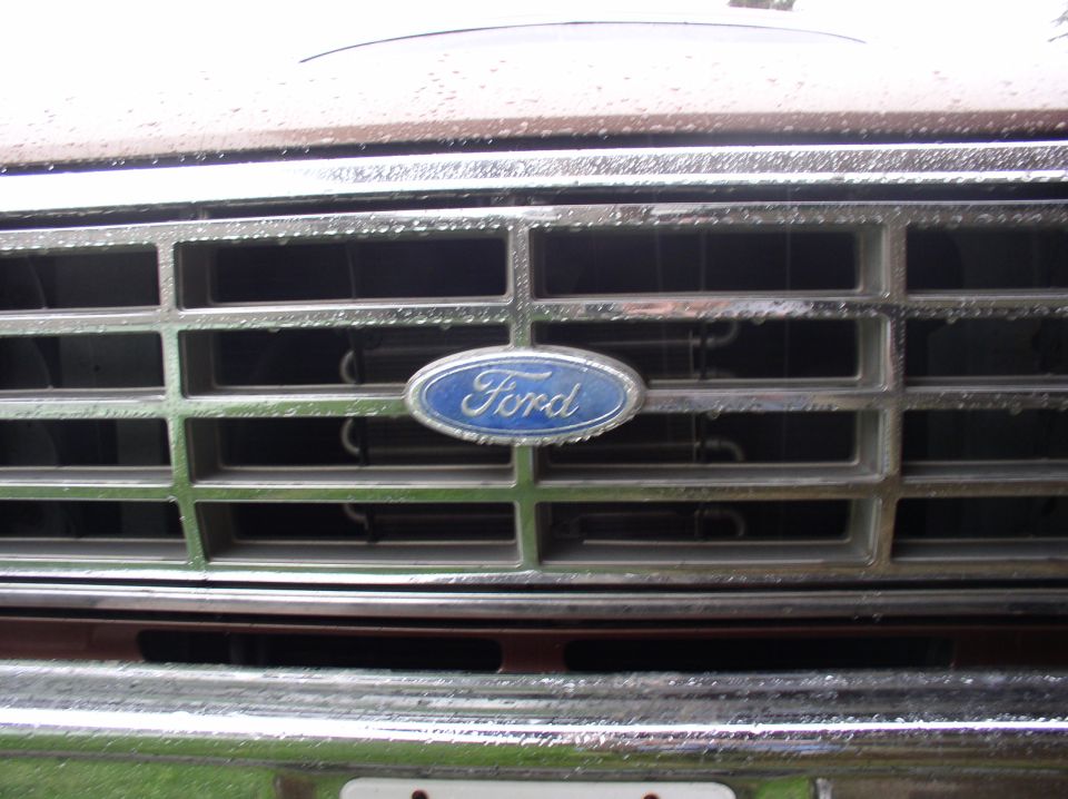 Ford oval emblem on a chrome grille with horizontal bars