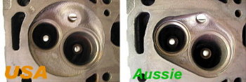 1978 Ford F-250 - Comparison of engine cylinder heads, one marked 'USA' and the other 'Aussie', highlighting design differences.