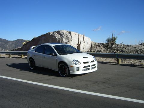 1996 Ford Probe - A white Dodge Neon SRT-4 is parked on the shoulder of a road, with a rocky hillside and clear blue sky behind it.