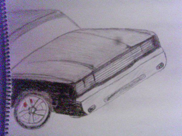 Pencil sketch of a coupe from rear three-quarter angle on sketchbook paper