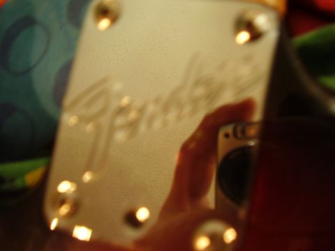 1996 Ford F-150 - A close-up shows the Fender logo etched onto a chrome neck plate, with a camera visible in the reflection.