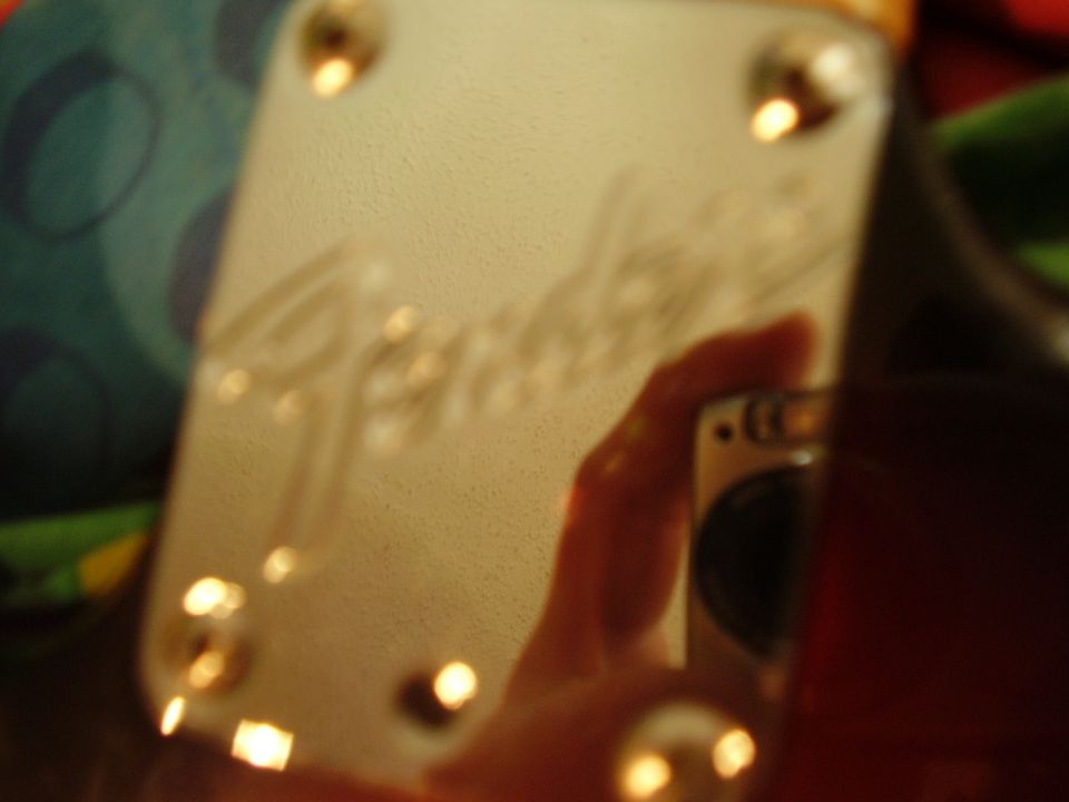Fender logo on a chrome neck plate, reflecting a camera