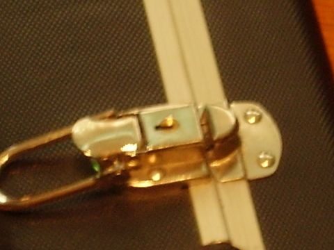 1996 Ford F-150 - A detailed view of a suitcase latch mechanism, showing its metallic components and securing strap.