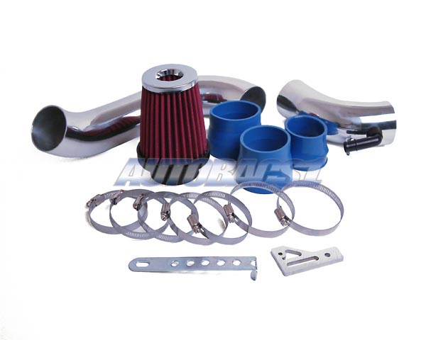 Cold air intake kit with red filter, chrome pipes, blue couplers, and hose clamps