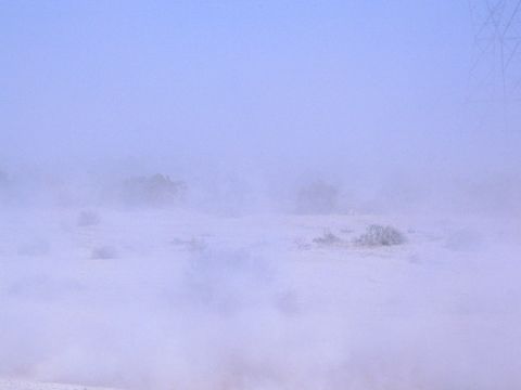 1990 Ford Bronco - hazy desert expanse blanketed in dust, with low brush and a transmission tower at the upper right.