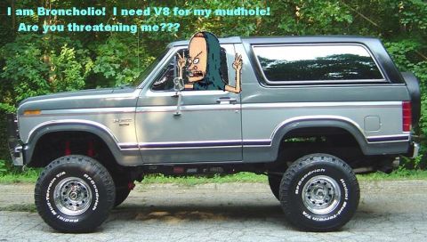 1986 Ford Bronco - This lifted Ford Bronco has a cartoon character in the driver's window and text overlay.