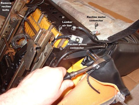 1994 Ford Crown Victoria - Recline Bolts 13mm On manual-recline chairs, remove the E-ring from the manual lever mechanism, slip the cable off, & replace the E-ring be…
