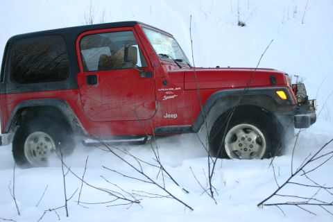 2003 Jeep TJ - A red Jeep Wrangler navigates a snowy terrain, with branches obscuring the lower portion of the vehicle.