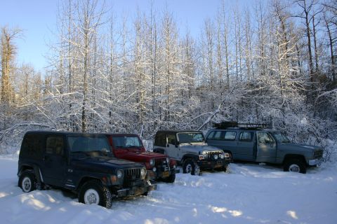 2003 Jeep TJ - Several Jeeps and a large SUV are parked in a snowy landscape with snow-covered trees.