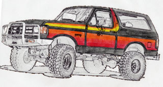 1993 Ford Bronco - This lifted Ford Bronco features a distinctive stripe pattern and a heavy-duty brush guard on the front bumper.
