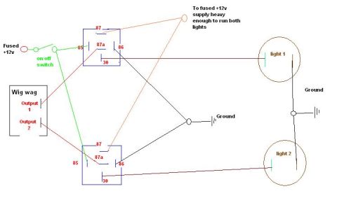 1993 Ford Bronco - This diagram illustrates a custom wiring setup for two lights, controlled by relays and a wig wag switch.