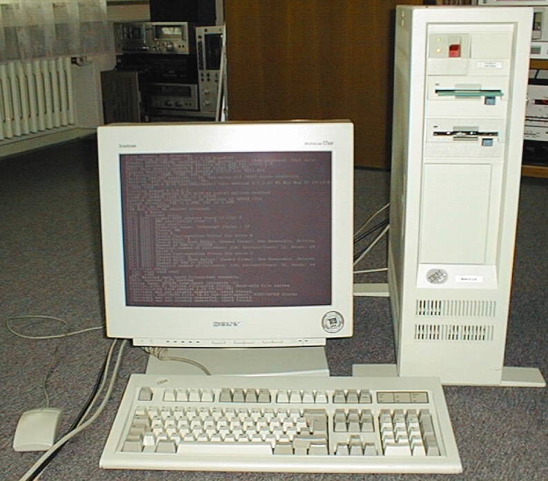 Vintage beige desktop tower with Sony CRT monitor showing red text and keyboard with mouse