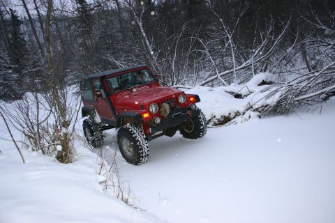 2003 Jeep TJ - Red 2003 Jeep TJ navigates a snow-covered trail surrounded by trees.