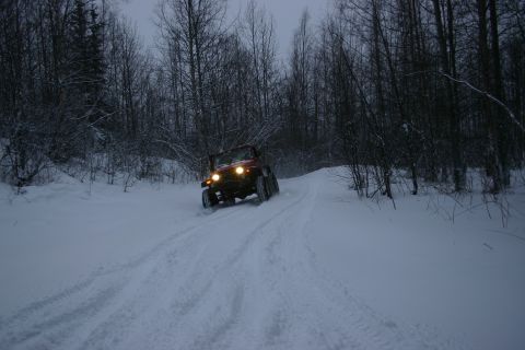 2003 Jeep TJ - A red Jeep navigates a snow-covered path amidst a dense, bare forest.