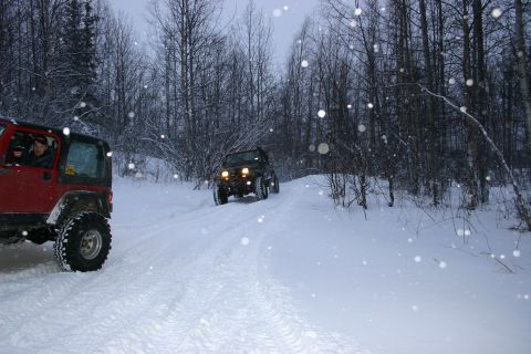 2003 Jeep TJ - Two Jeeps navigate a snow-covered path in a forest during a snowfall.