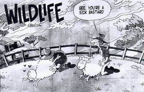 1995 Ford Bronco - A humorous cartoon depicts a scene with sheep and a man, with a vehicle in the background.