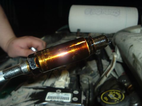 1993 Ford Taurus - Spark plug removed from engine, coated in dark oil.