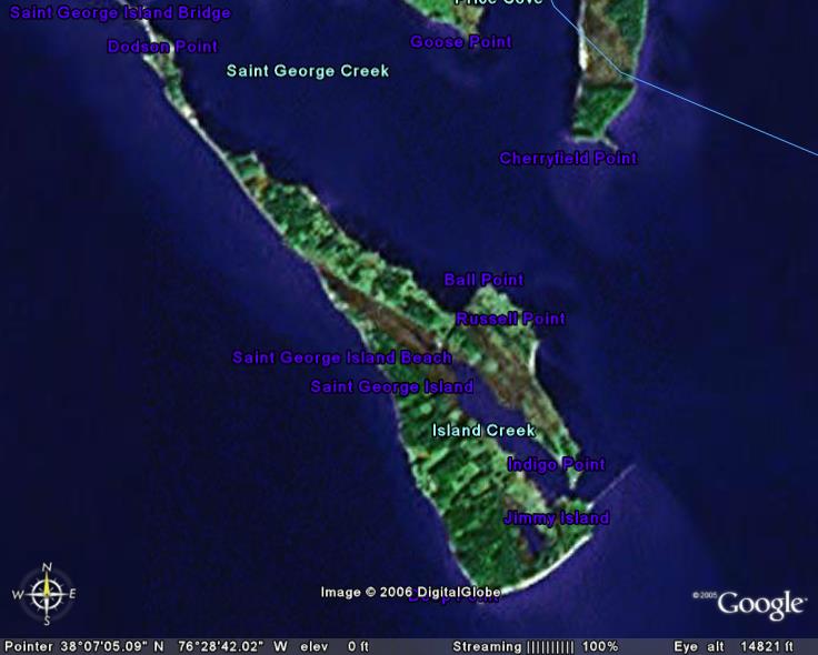 Satellite view of Saint George Island, Florida, with labels for various points and bodies of water