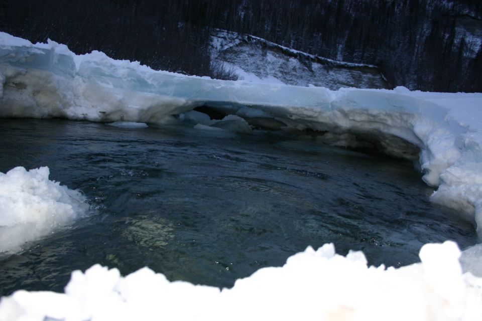 Frozen river with ice formations and dark trees in background