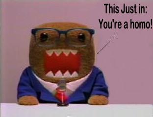 1991 Ford LTD Crown Victoria - A Domo-kun character, dressed in a suit and glasses, is shown with a humorous and offensive message overlaid on the image.