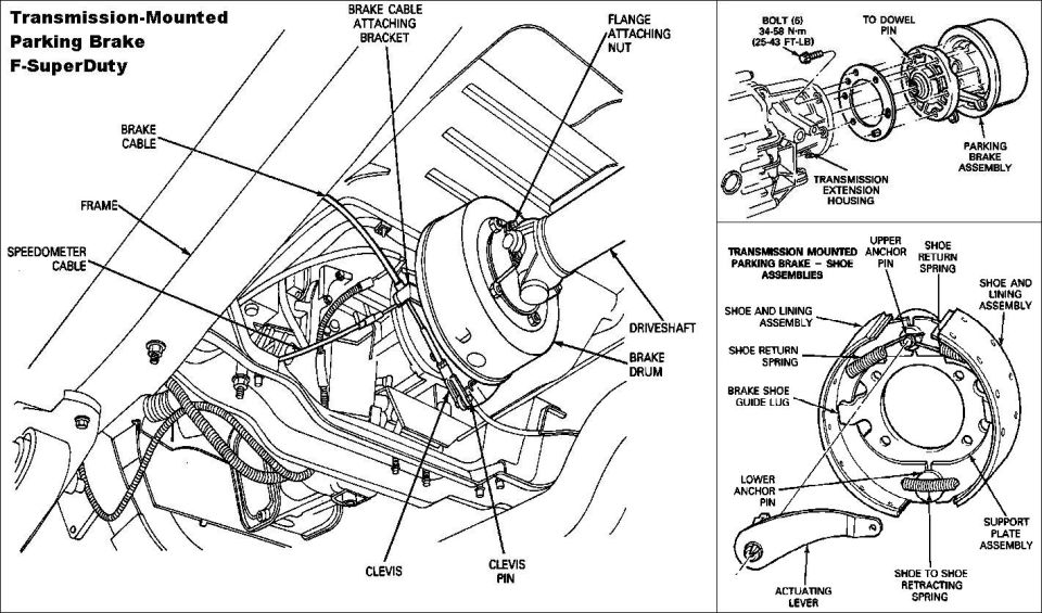 Diagram of transmission-mounted parking brake assembly for Ford F-Super Duty