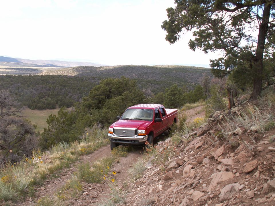 Red long-bed pickup on a narrow rocky two-track climbing a wooded hillside