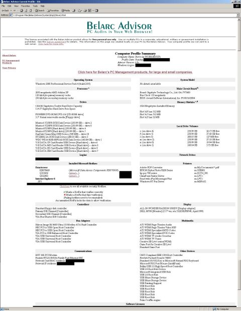 1983 Ford Bronco - My system according to BelArc Advisor. The black boxes are where I deleted personally-identifiable info & the LOOOOOONG list of hotfixes.