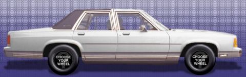 1991 Ford LTD Crown Victoria - A white 1991 Ford Crown Victoria LTD is shown from the side, with text on the wheels reading 'CHOOSE YOUR WHEEL'.