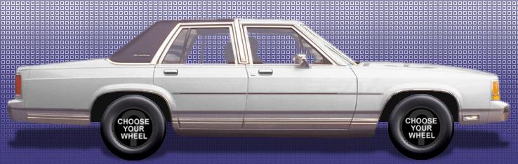 Side view of a white 1991 Ford Crown Victoria LTD with text on the wheels