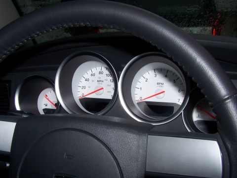 1979 Ford F-150 - Close-up of a vehicle's interior dashboard gauges and steering wheel.