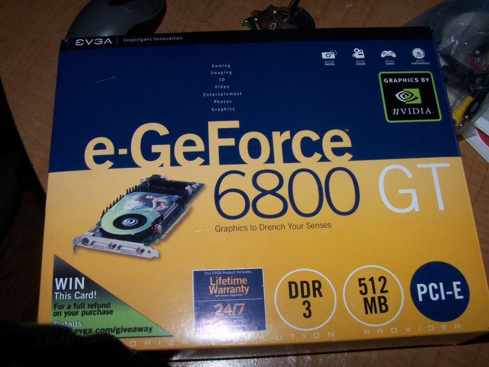Photo of an EVGA e-GeForce 6800 GT graphics card retail box