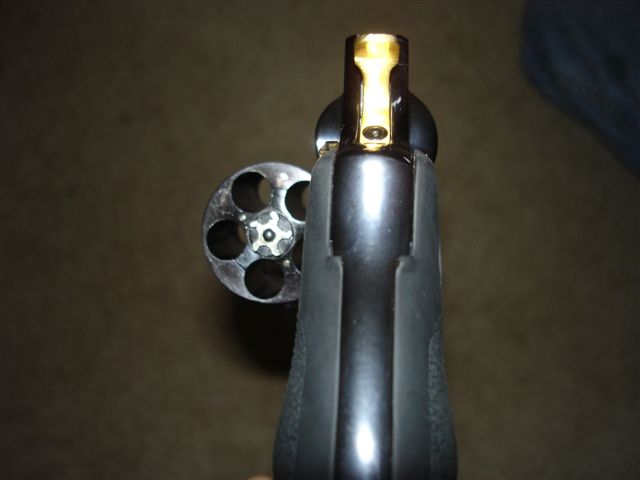 Close-up of a revolver cylinder and barrel