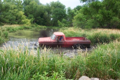 1973 Ford F-250 - A red pickup truck is stuck in a muddy swampy area with tall grass and trees in the background.