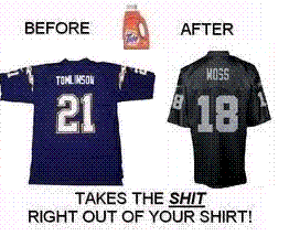 1980 Ford Bronco - Comparison of two football jerseys, showing a 'before' and 'after' state with a slogan about cleaning.